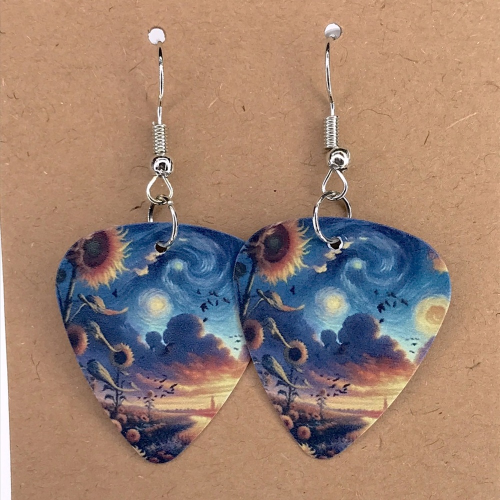 Sunflower Sky Guitar Pick Earrings in Blue and Yellow - Picture 2 of 3